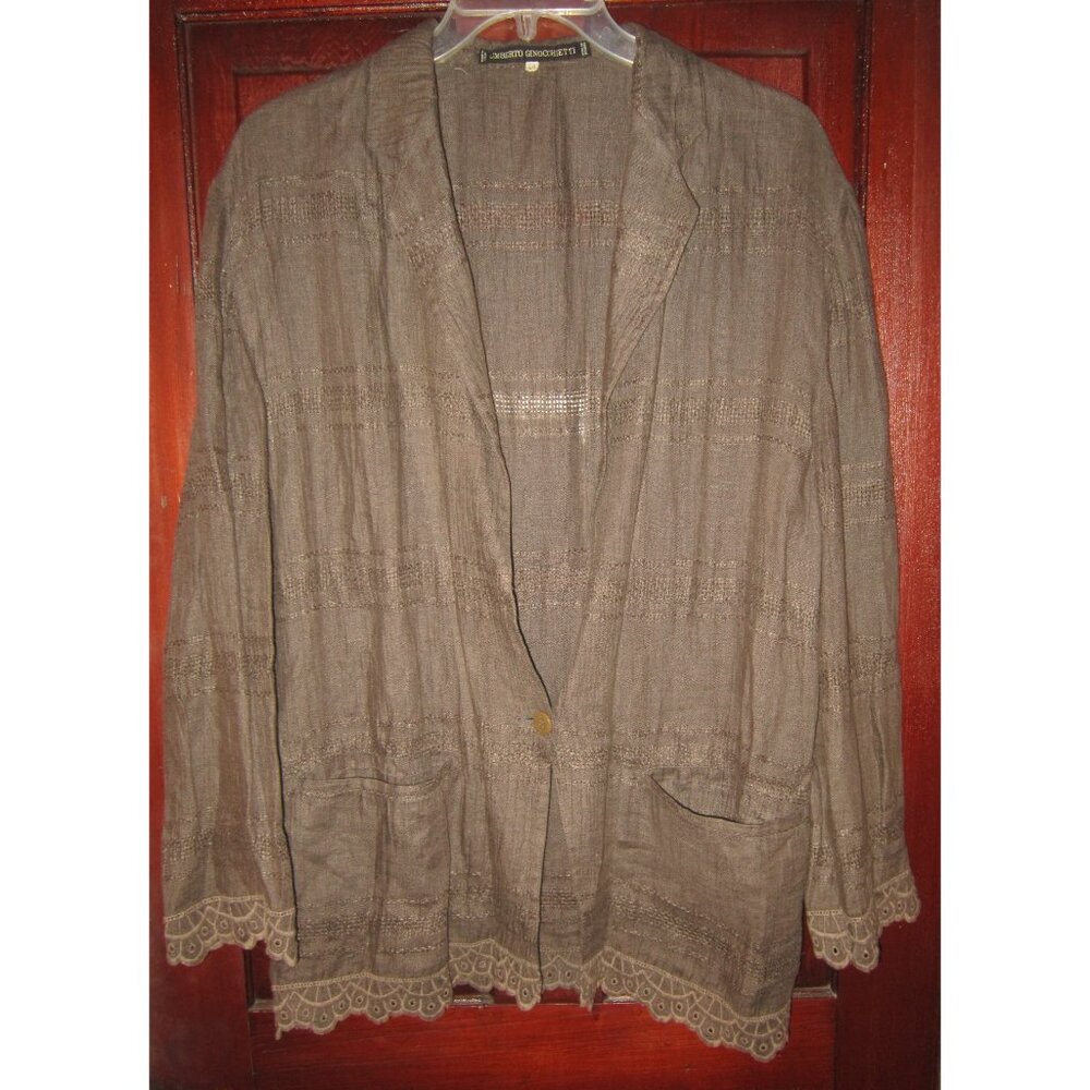 Umberto Ginocchietti 44 Linen Jacket Duster Olive Crinkled Embroidered Itay VTG
